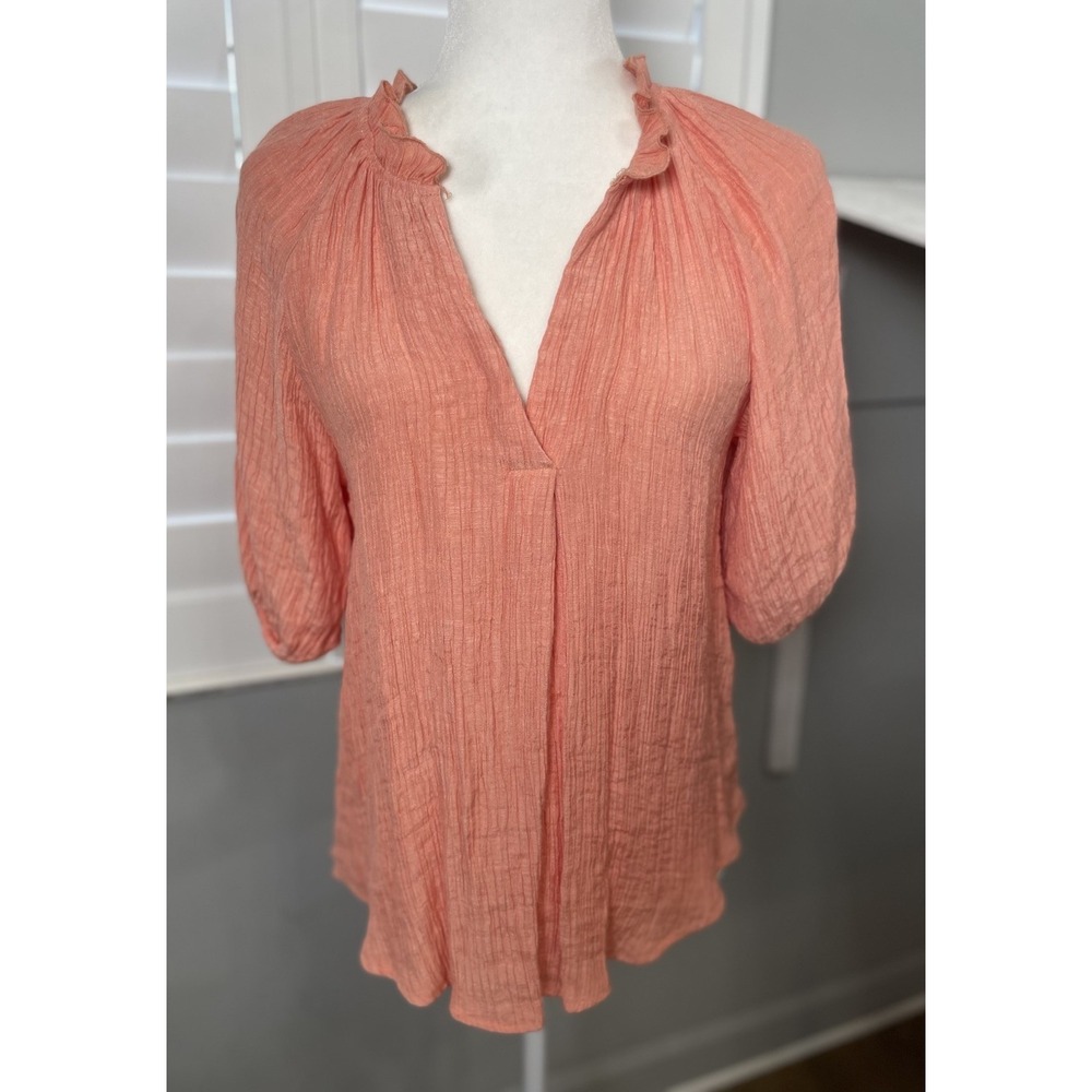 blu pepper‎ Melon Split V Neck Puff Sleeve Crinkle Top Swing Blouse Women's S